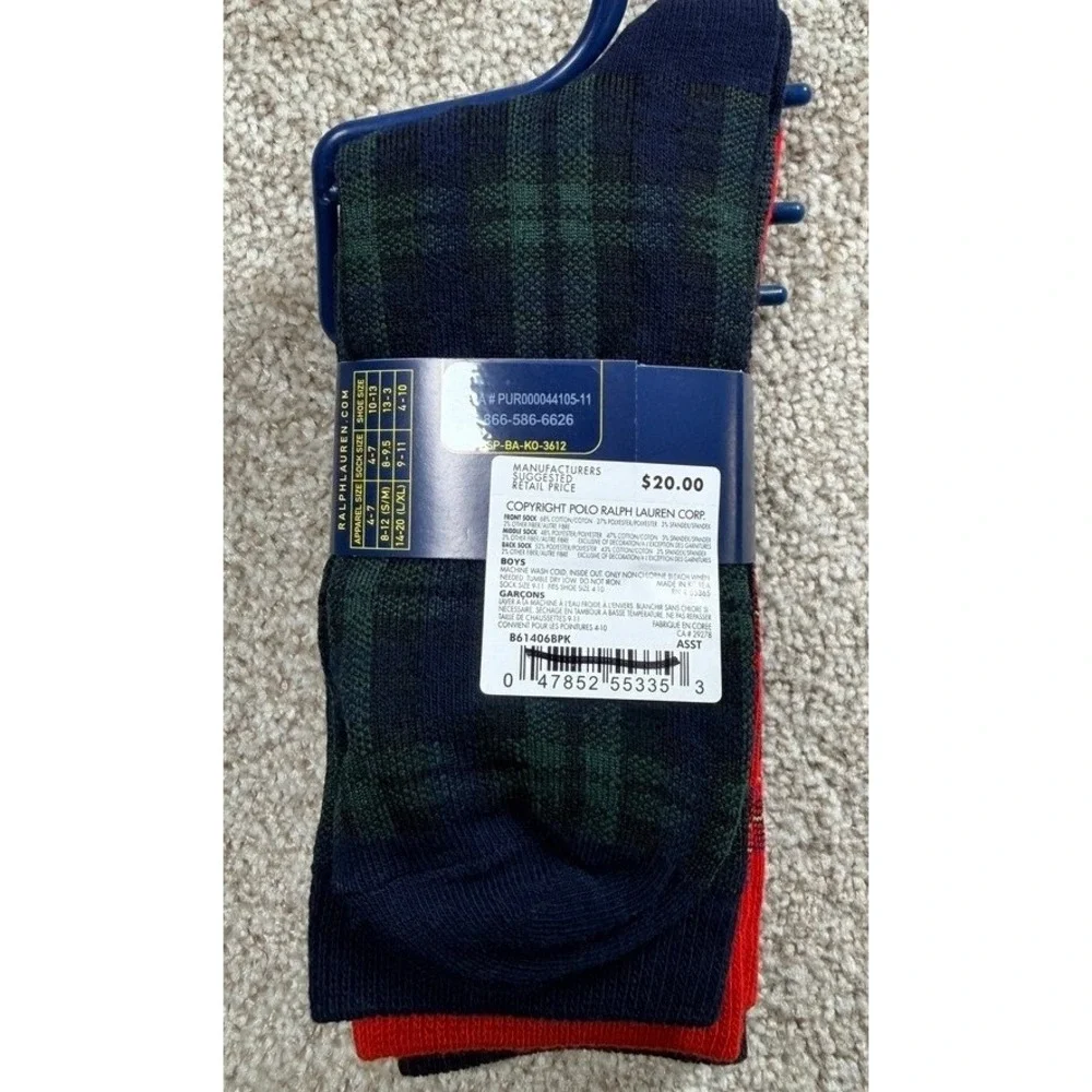 Polo Ralph Lauren Boys 3 Pack Crew Socks Polo Bear Plaid Tartan Navy Red 9-11